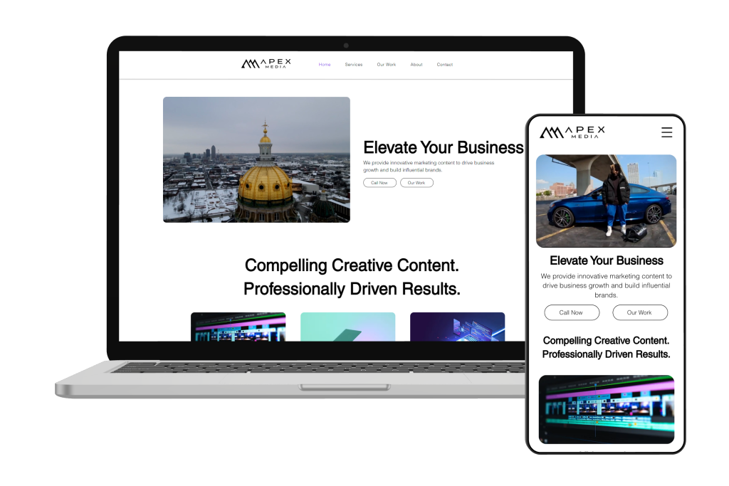Visual mockup of Apex Media website rendered on a laptop and smartphone.