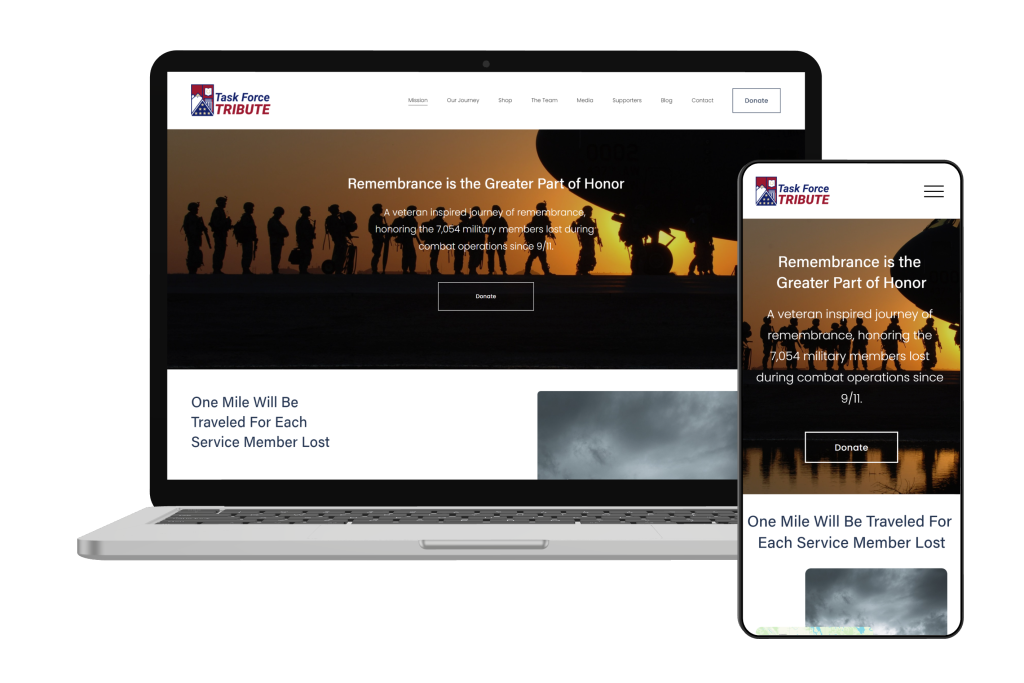 Visual mockup of Task Force Tribute website rendered on a laptop and smartphone.