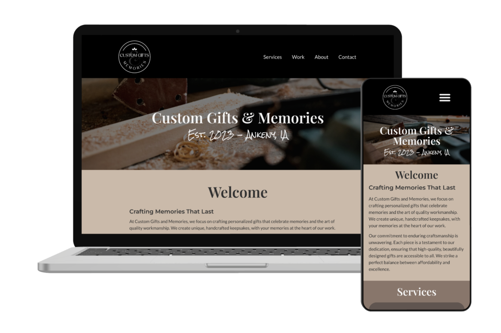 Visual mockup of Custom Gifts & Memories website rendered on a laptop and smartphone.