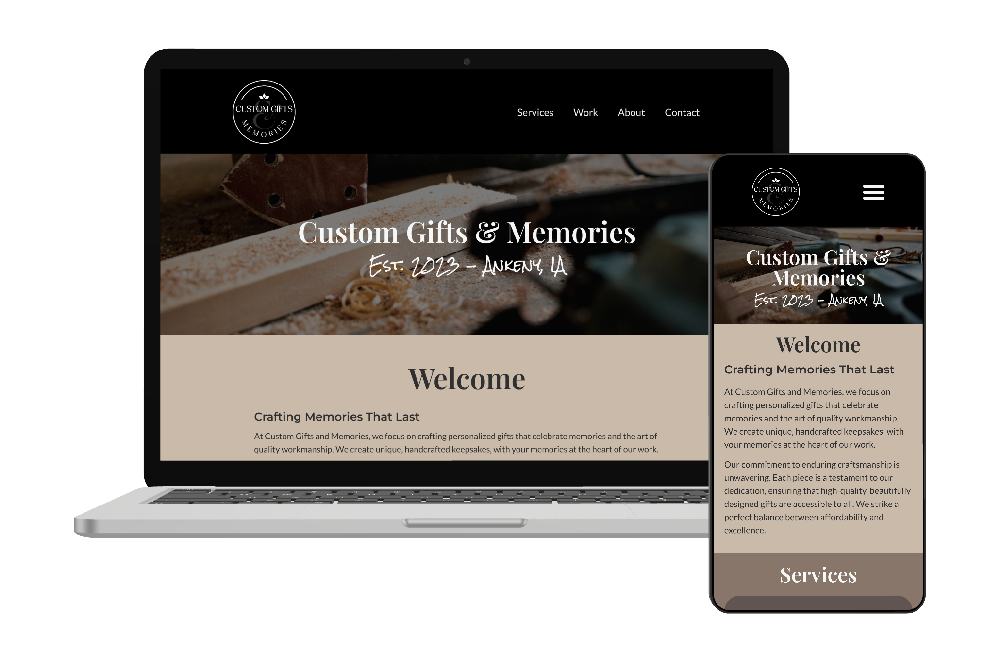 Visual mockup of Custom Gifts & Memories website rendered on a laptop and smartphone.