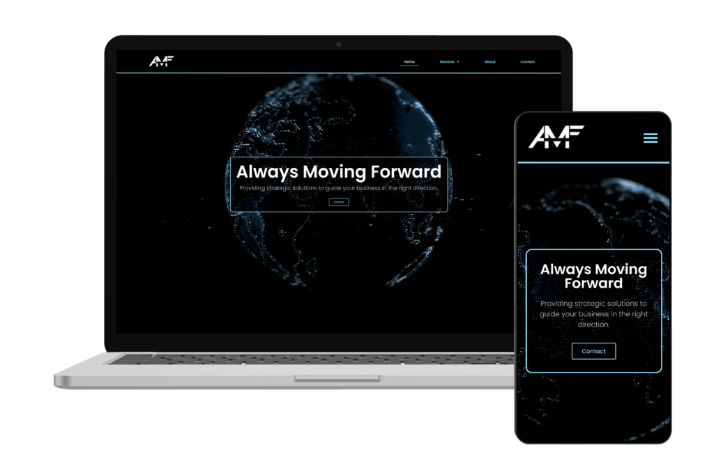 Visual mockup of AMF Consulting website rendered on a laptop and smartphone.