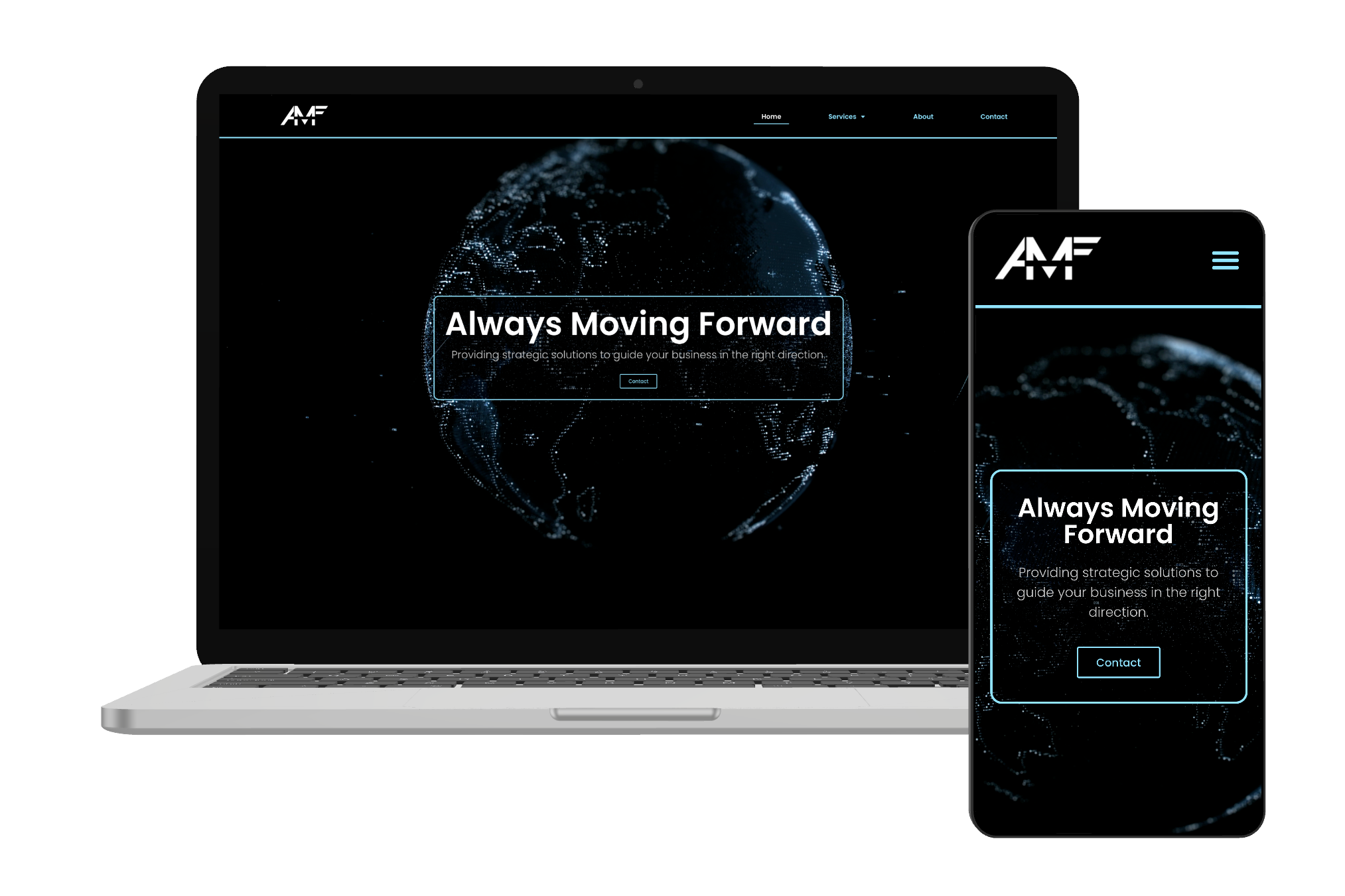 Visual mockup of AMF Consulting website rendered on a laptop and smartphone.