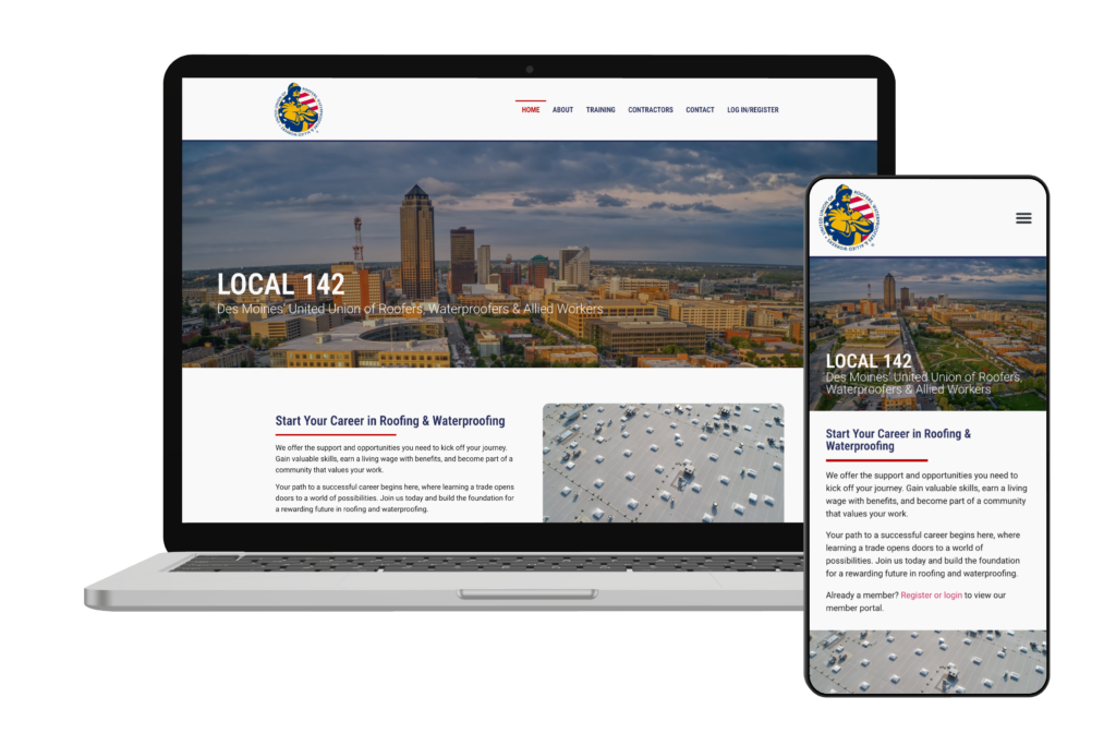 Visual mockup of Local 142 website rendered on a laptop and smartphone.