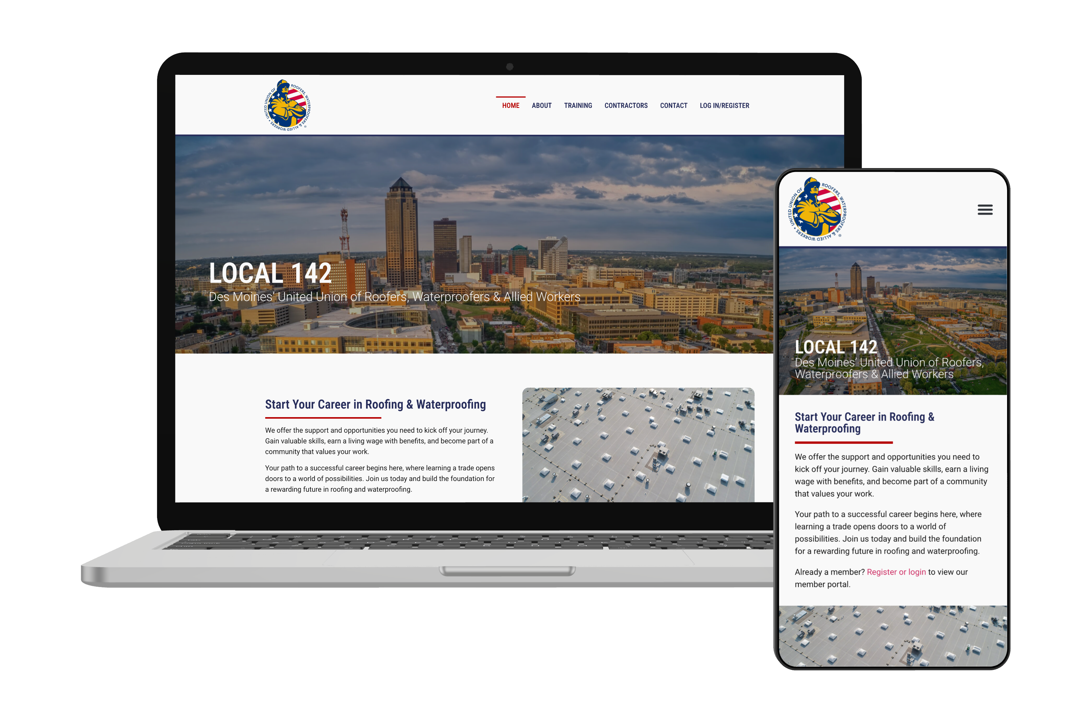 Visual mockup of Local 142 website rendered on a laptop and smartphone.