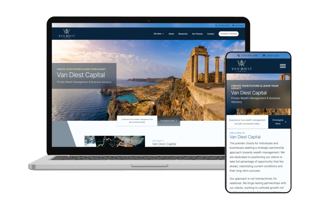 Visual mockup of Van Diest Capital website rendered on a laptop and smartphone.
