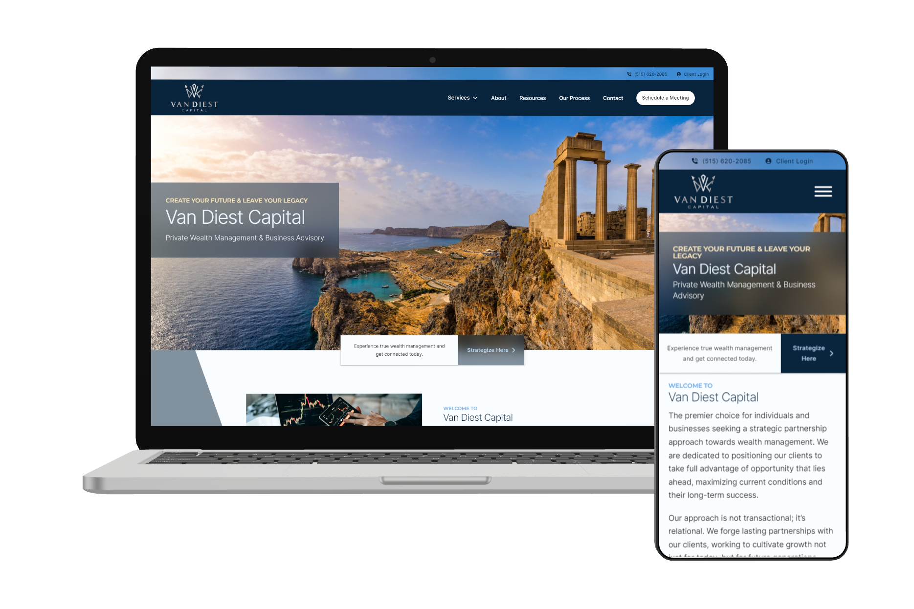 Visual mockup of Van Diest Capital website rendered on a laptop and smartphone.